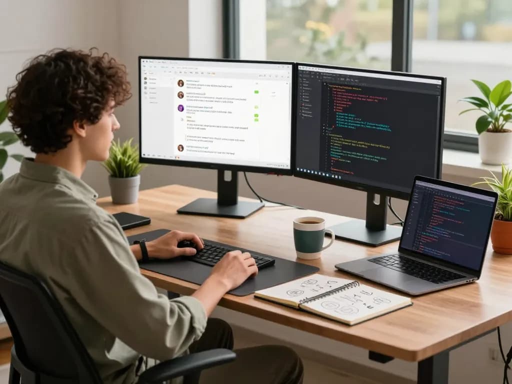 Developer engaging with spicy chat ai in a modern tech workspace, showcasing coding and vibrant conversation.