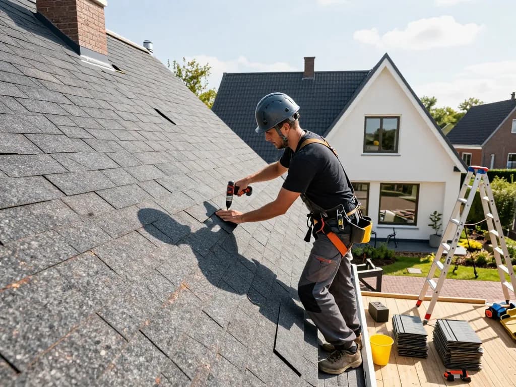 Vakkundige dakdekker Utrecht die dakshingles aanbrengt op een modern huis, en vakmanschap en dakmaterialen laat zien in een zonnige omgeving.