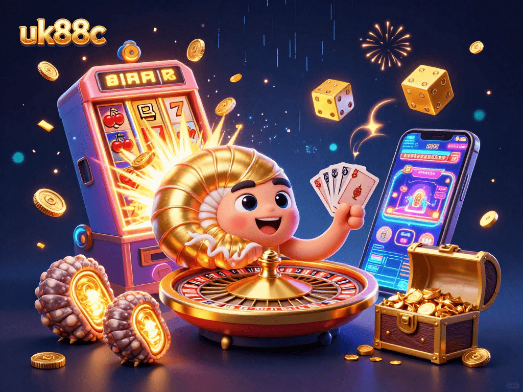 Engage with uk88c's exciting 3D casino scene showcasing a nautilus roulette wheel bursting with vibrant gaming elements.