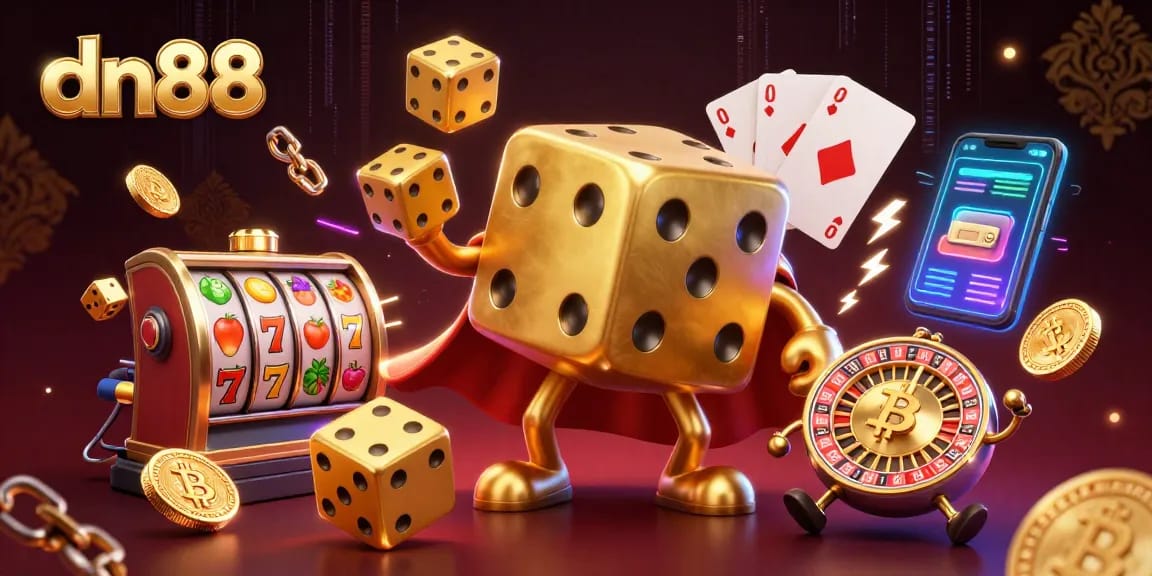 Join the action at dn88 with a vibrant 3D illustration of a golden dice golem and casino elements.