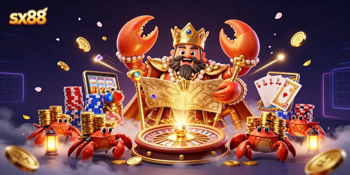 Sparkling gems and golden coins surround the sx88 crab emperor, winning big at the casino.