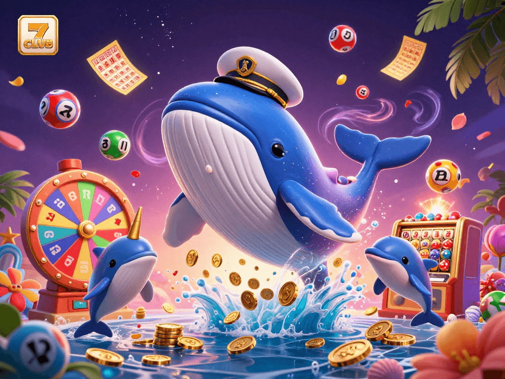 Join the fun at 7CLUB, where a cartoon whale breaches through coins amidst vibrant gambling elements.
