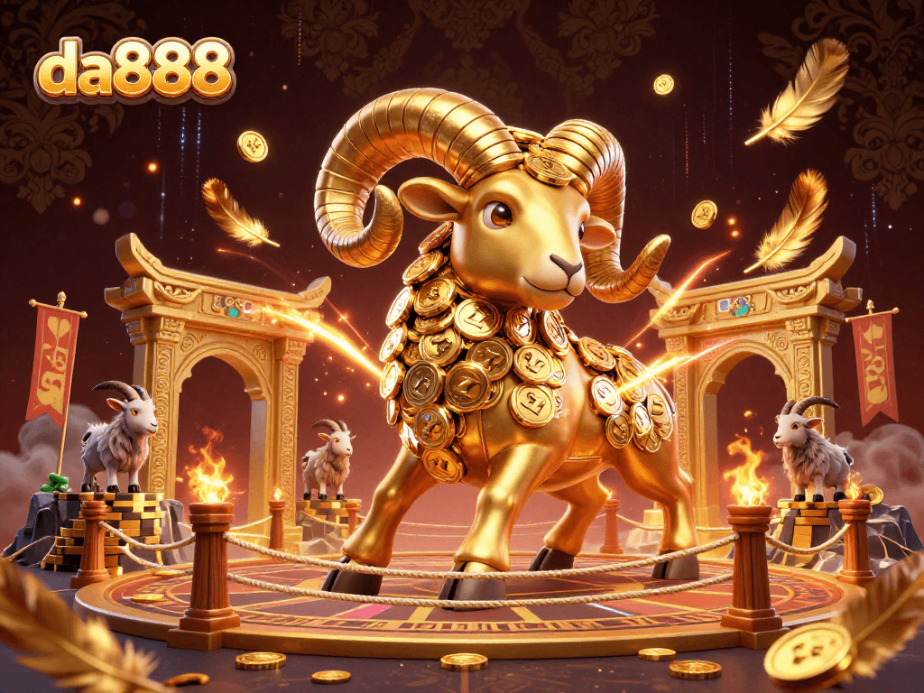 da888 showcases an epic 3D scene with a golden ram and casino elements, celebrating the thrill of gaming.