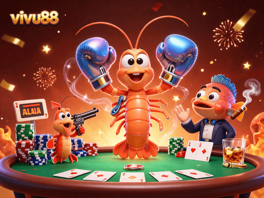 Play with excitement at Vivu88 featuring poker chips and cartoon marine life in a vibrant casino illustration.