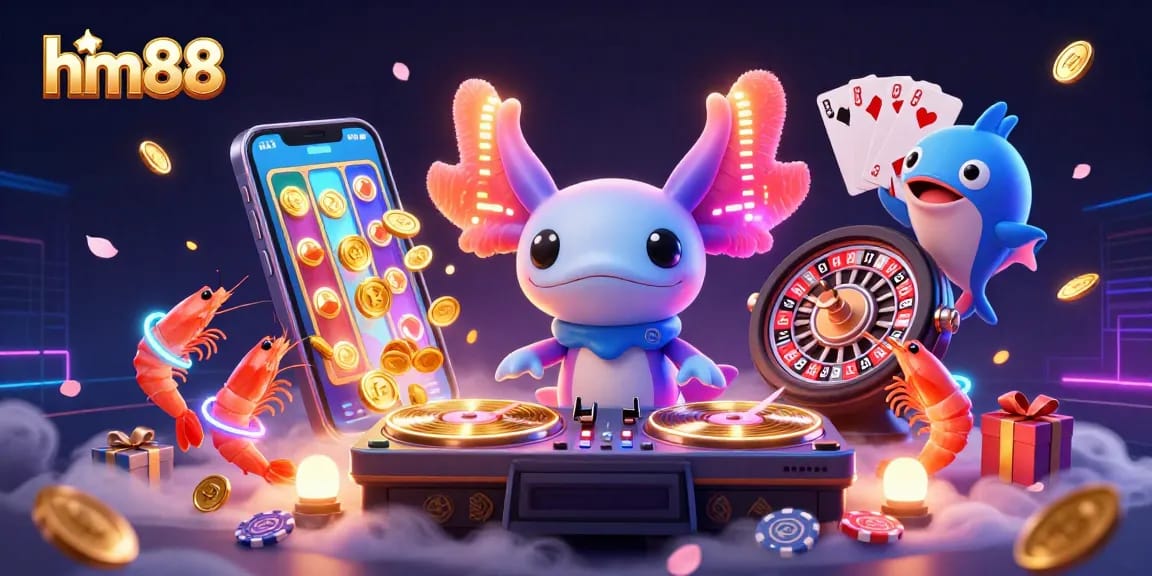 Experience dynamic gameplay at hm88 with a neon axolotl DJ and vibrant underwater casino elements.