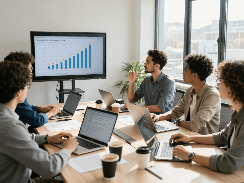 Professionals bespreken zakelijke lening mogelijkheden in een moderne kantooromgeving met financiële grafieken en laptops