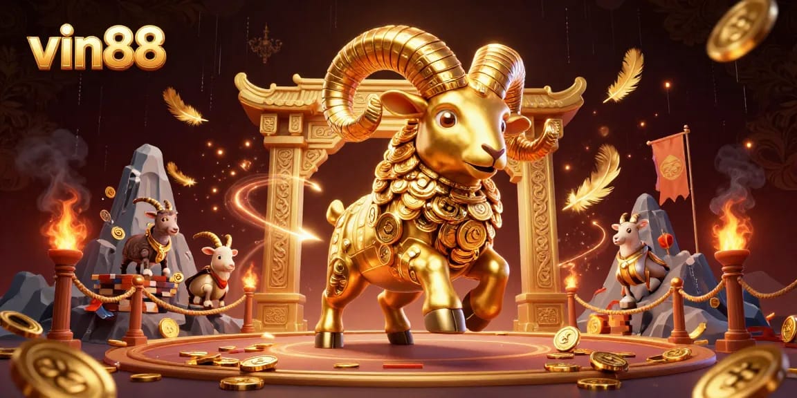 vin88 offers an exciting casino scene with a golden ram charging through a vibrant arena.