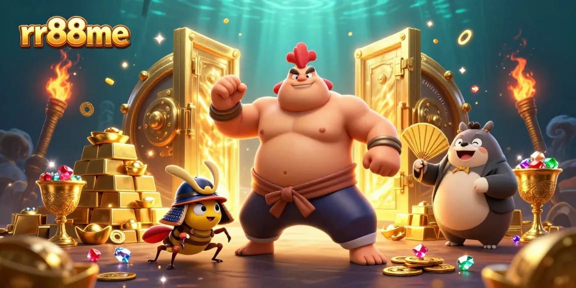 Witness the thrilling action at rr88me with a powerful sumo wrestler rooster and fierce cricket in a dynamic casino showdown.