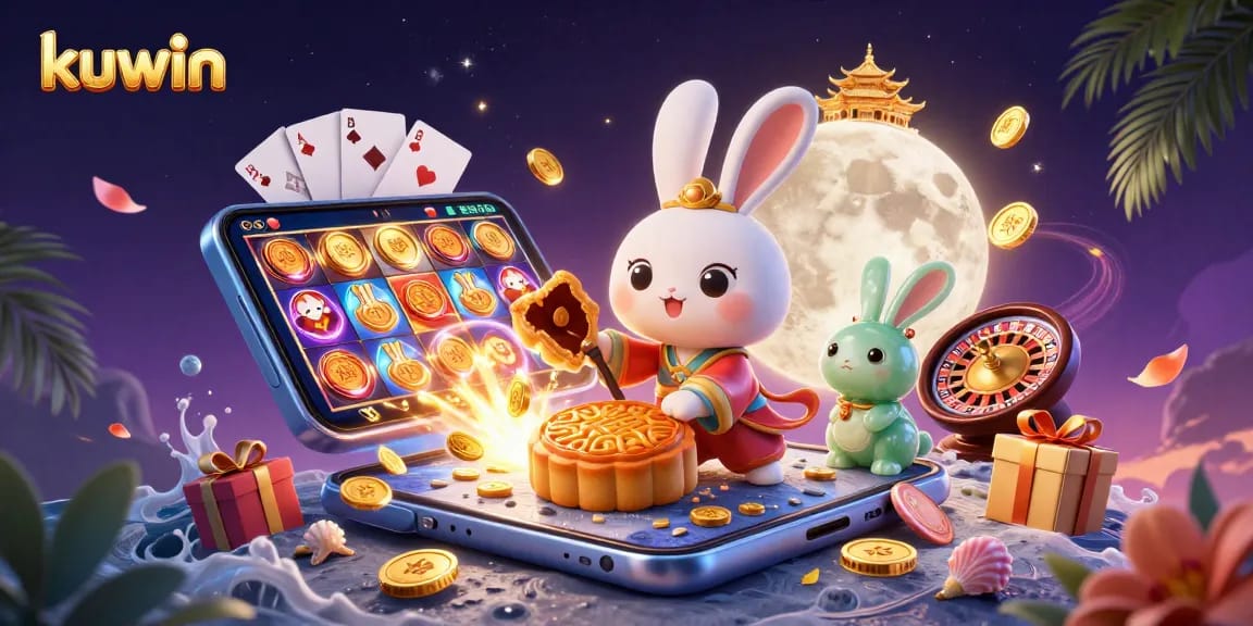 Win big with kuwin as the moon rabbit reveals hidden poker chips in a vibrant casino scene.