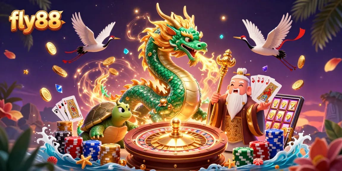 Experience the excitement of fly88 with a vibrant 3D illustration of gaming elements and mythical characters.