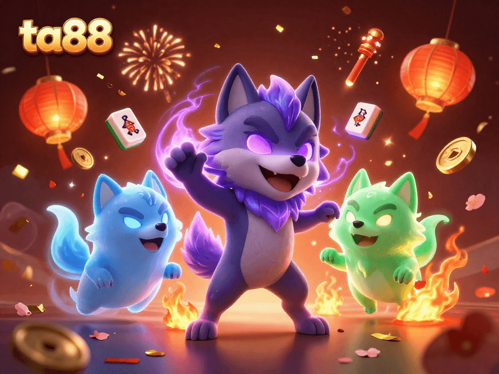 Play thrilling games at ta88, featuring a mystical wolf pack and vibrant casino elements in celebration.