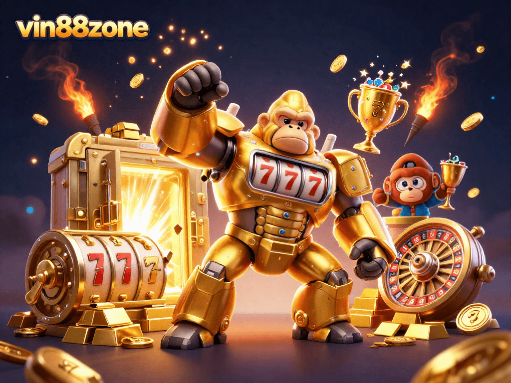 Vin88zone slots come alive with a golden gorilla mech, coins bursting forth in a dynamic casino illustration.