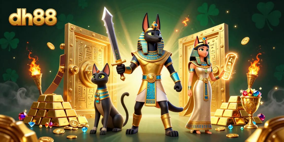 Experience vibrant gambling action with dh88, featuring Anubis and Bastet amidst treasures.