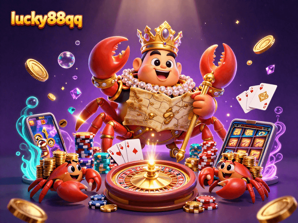 Experience excitement with lucky88qq featuring a golden crab emperor amid vibrant casino treasures.