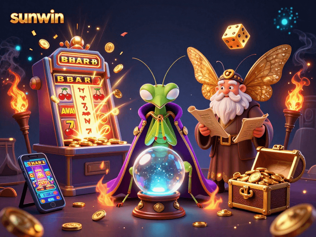 Experience the magic of sunwin with a vibrant cartoon scene showcasing a praying mantis fortune teller and more!