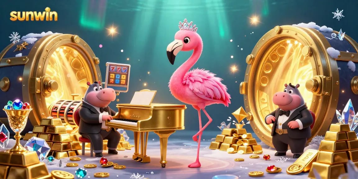 Experience the vibrant excitement of sunwin casino gaming featuring a lively flamingo singer and hippo bassist.