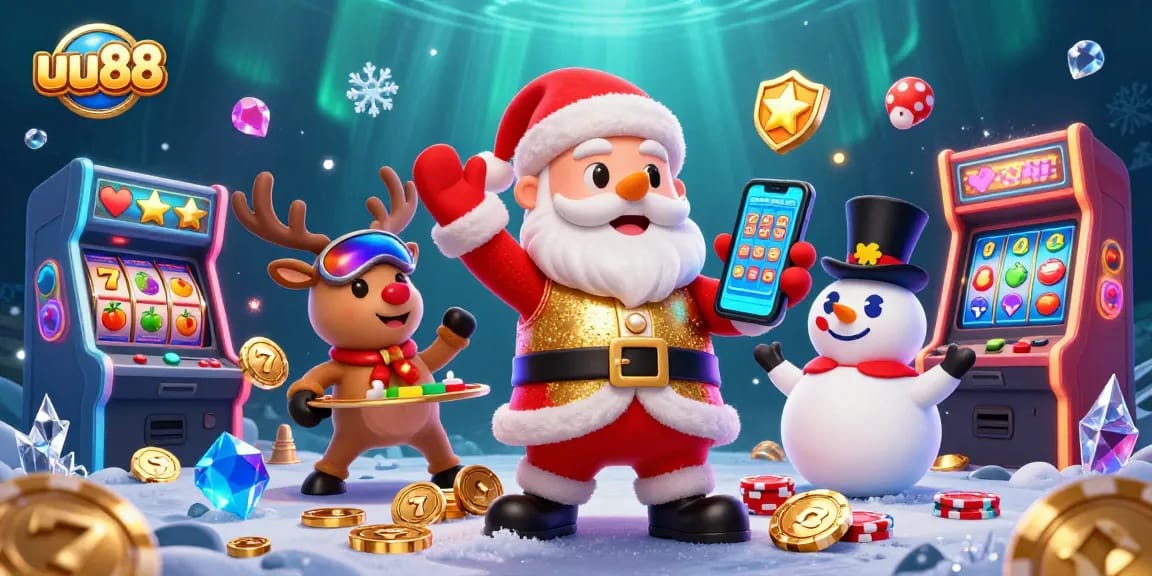 Spin the reels for jackpots like uu88 with Santa and friends in a vibrant casino scene.
