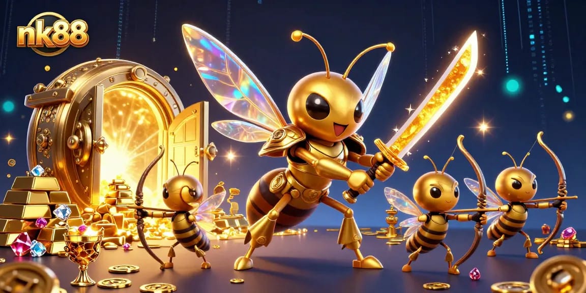 Experience thrilling wins at nk88 with a vibrant 3D illustration featuring a golden hornet samurai.