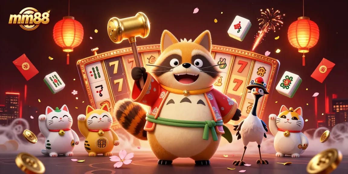 Experience the excitement of MM88 with a vibrant 3D casino scene featuring tanuki and fortune cats.
