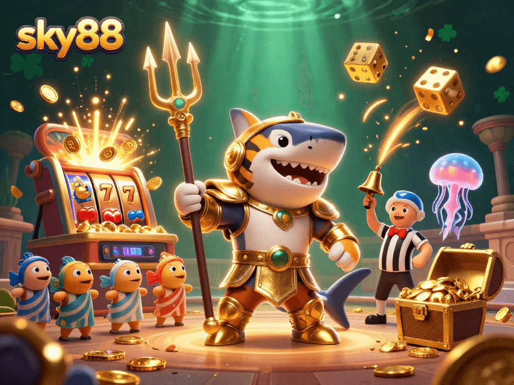 Experience the excitement at sky88 with a dazzling casino scene featuring a tiger shark and a jackpot explosion.