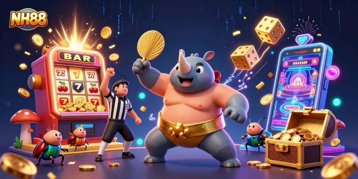 Witness NH88's lively casino scene featuring a powerful sumo champion beetle and thrilling slot machine action.