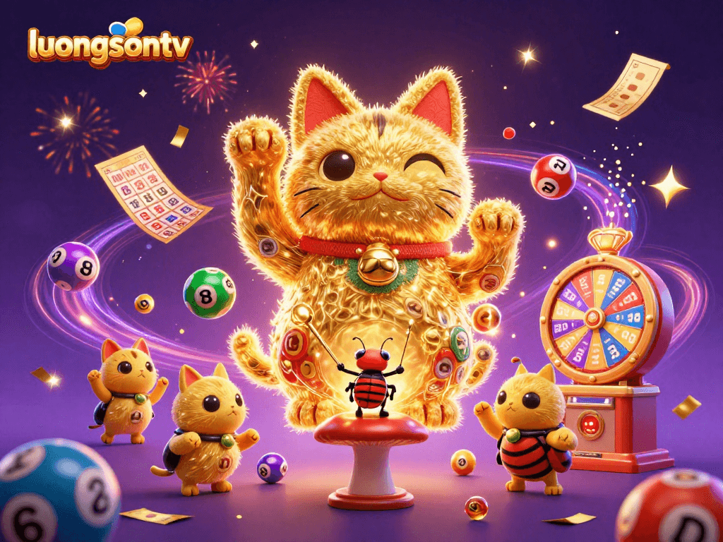 Experience thrilling wins with luongsontv's vibrant casino-themed illustration of a lucky cat and dynamic elements.