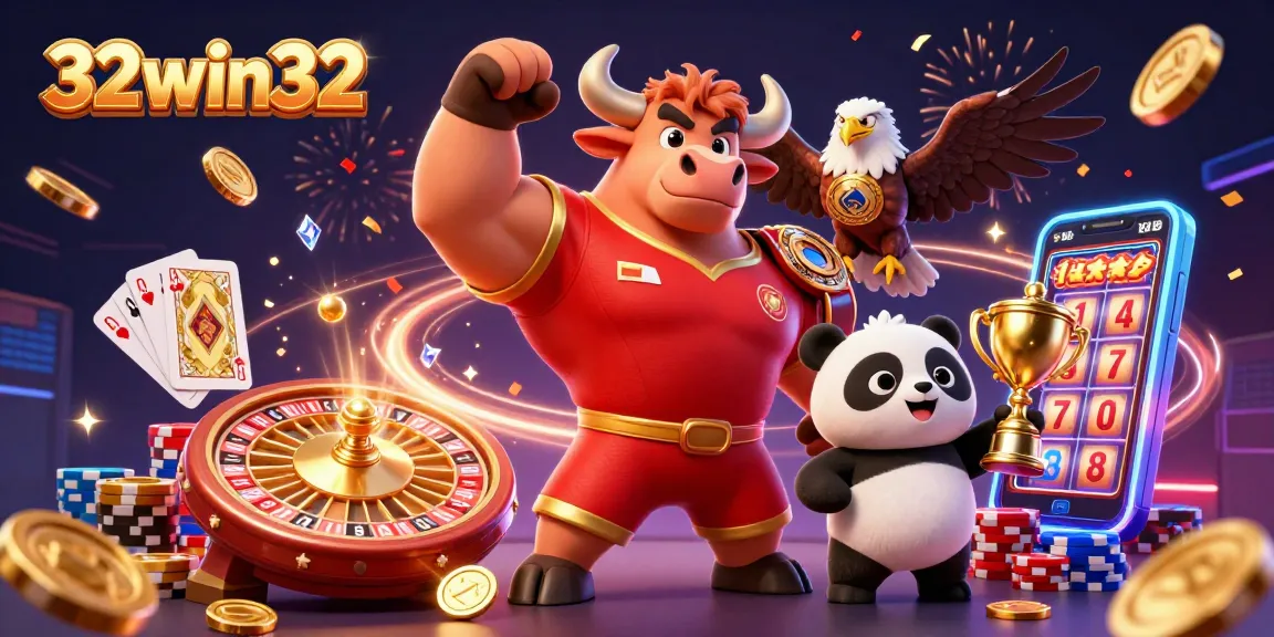 Experience thrilling wins with 32win32 as the cheerful panda holds a golden trophy amid a celebration!