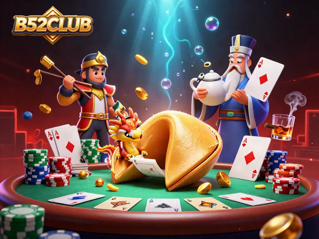 B52CLUB animated characters engage in dynamic poker games at a vibrant online casino