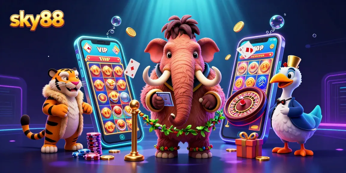 Sky88 casino features a woolly mammoth bouncer verifying VIP guests in an animated gaming scene.