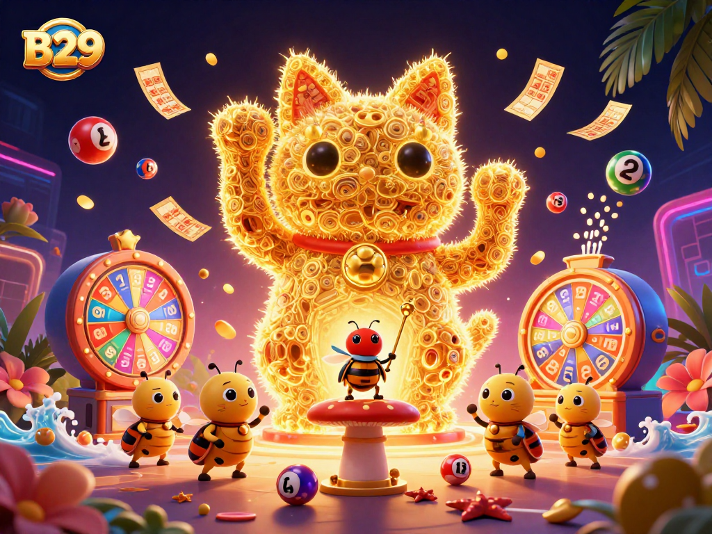 B29 offers players a vibrant experience with festive lottery visuals in a 3D casino scene.