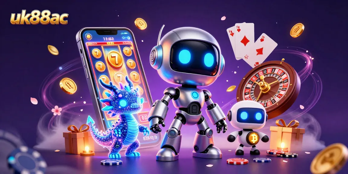 Engage in thrilling slot games with uk88ac's festive 3D illustration featuring neon characters and exciting casino elements.