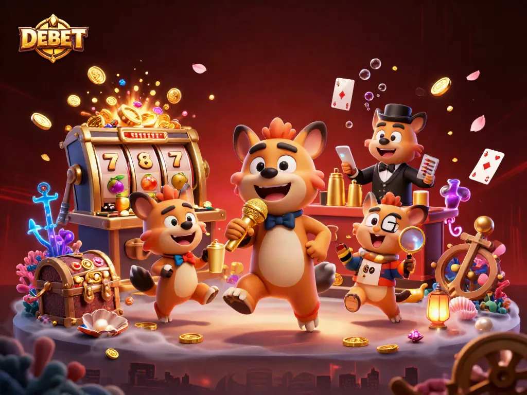 DEBET showcases a dynamic scene with hyenas in a comedy casino club, featuring slot reels, gold coins, and vibrant treasures.