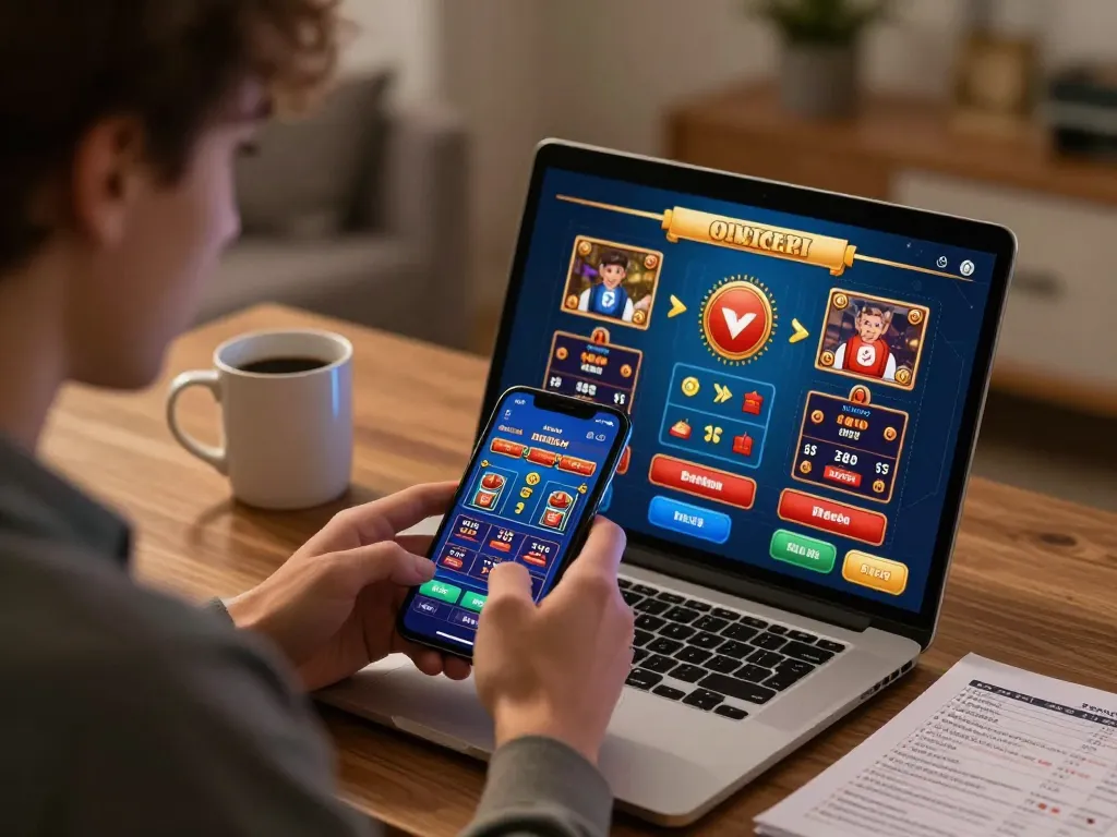 Link vào Bom88 for exciting mobile betting on a cozy home setup with casino game options.
