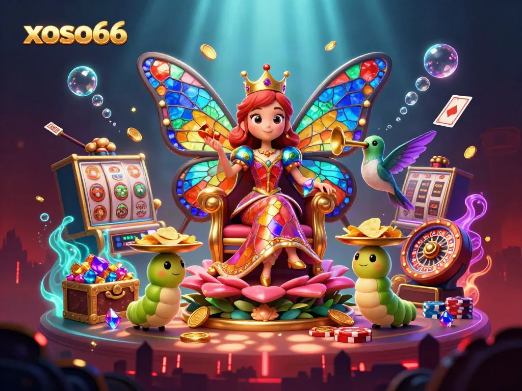 Experience the magic of xoso66 with a vibrant 3D casino scene filled with colorful game elements.
