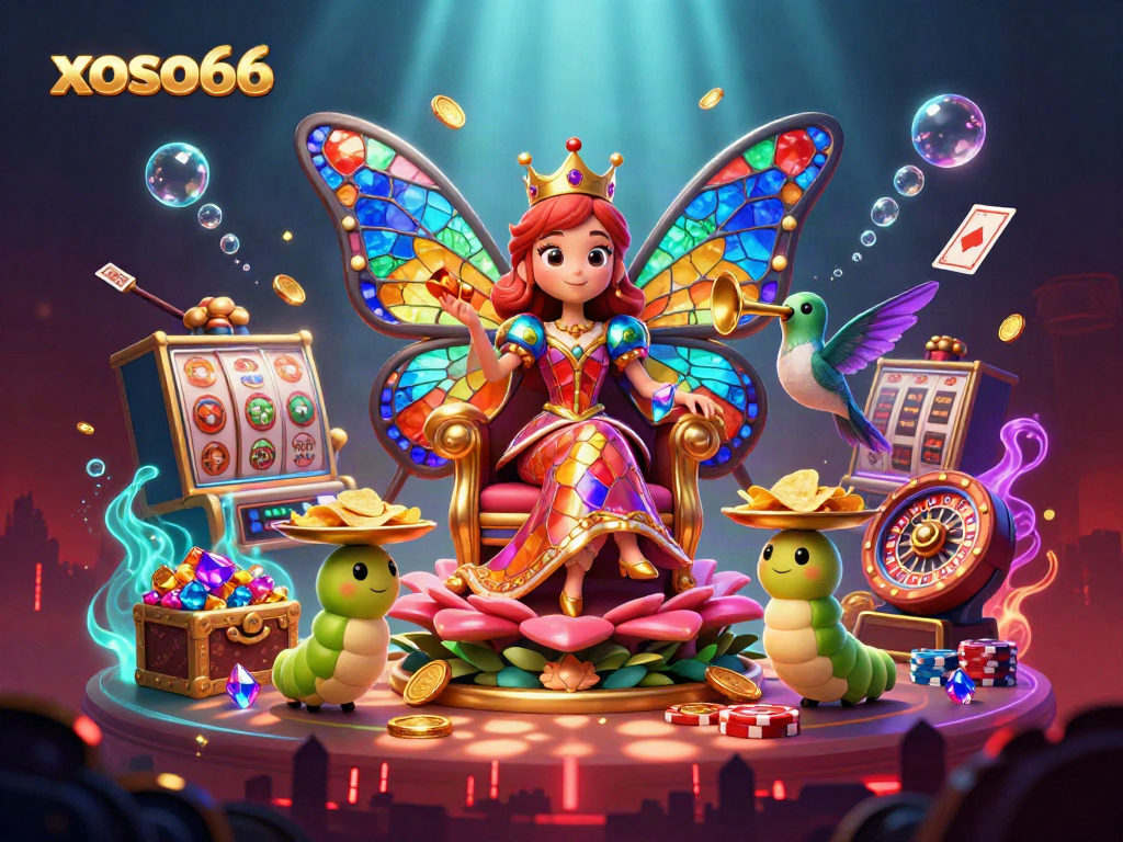Experience the magic of xoso66 with a vibrant 3D casino scene filled with colorful game elements.