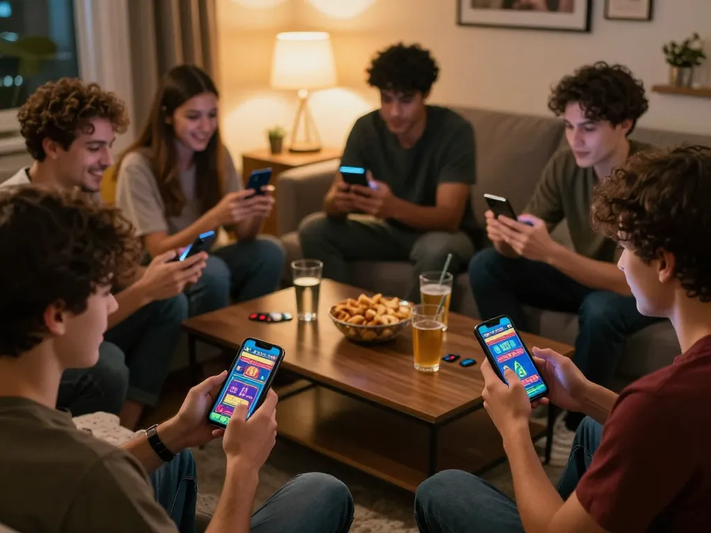 Link vào Vin88 showcases players enjoying an online casino experience, gathered in a cozy setting with mobile devices.