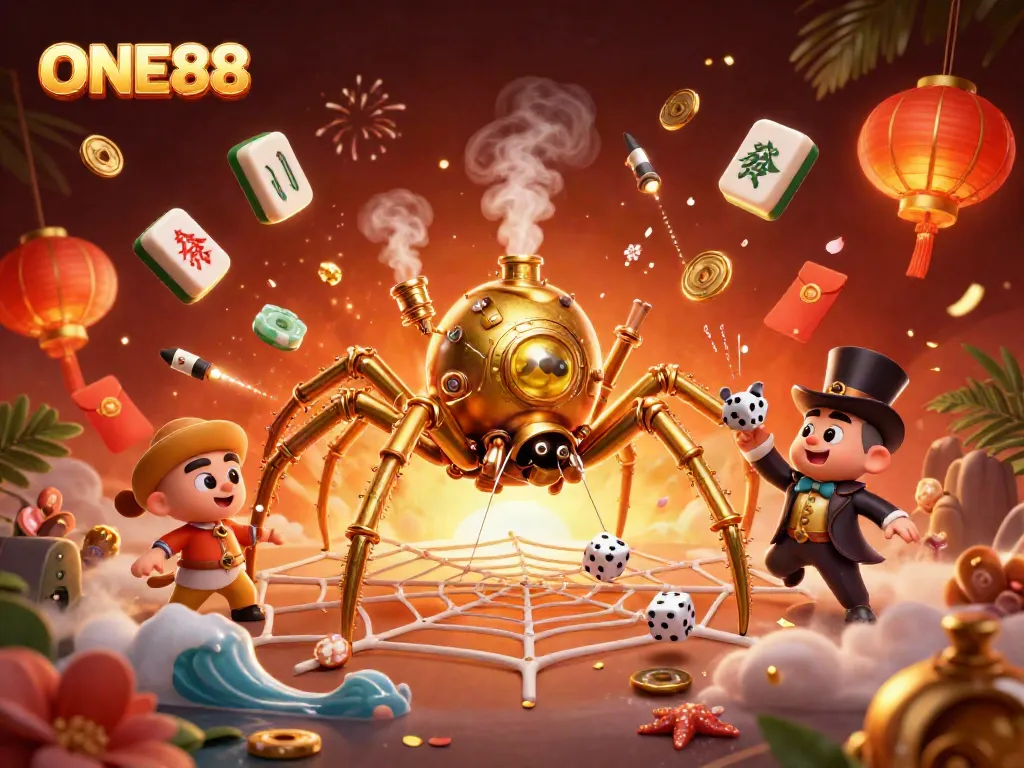 Experience the thrilling web of games at ONE88 with golden chains, stunning visuals, and vibrant casino elements.