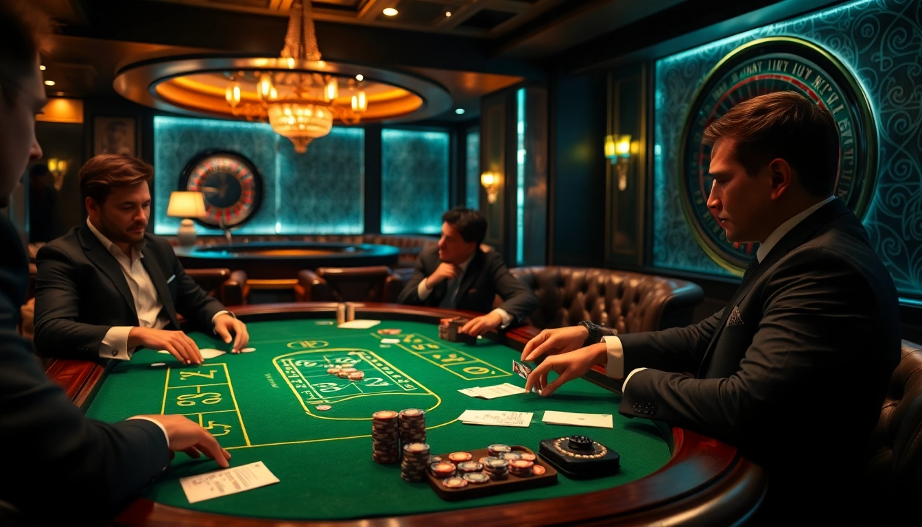 Man club atmosphere featuring a high-stakes casino table and elegant decor.