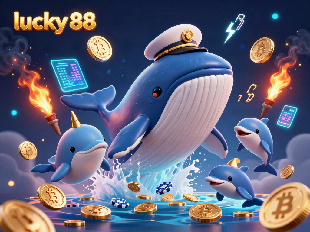 Experience thrilling wins with lucky 88 as a giant whale breaches through coins in a vibrant casino scene.