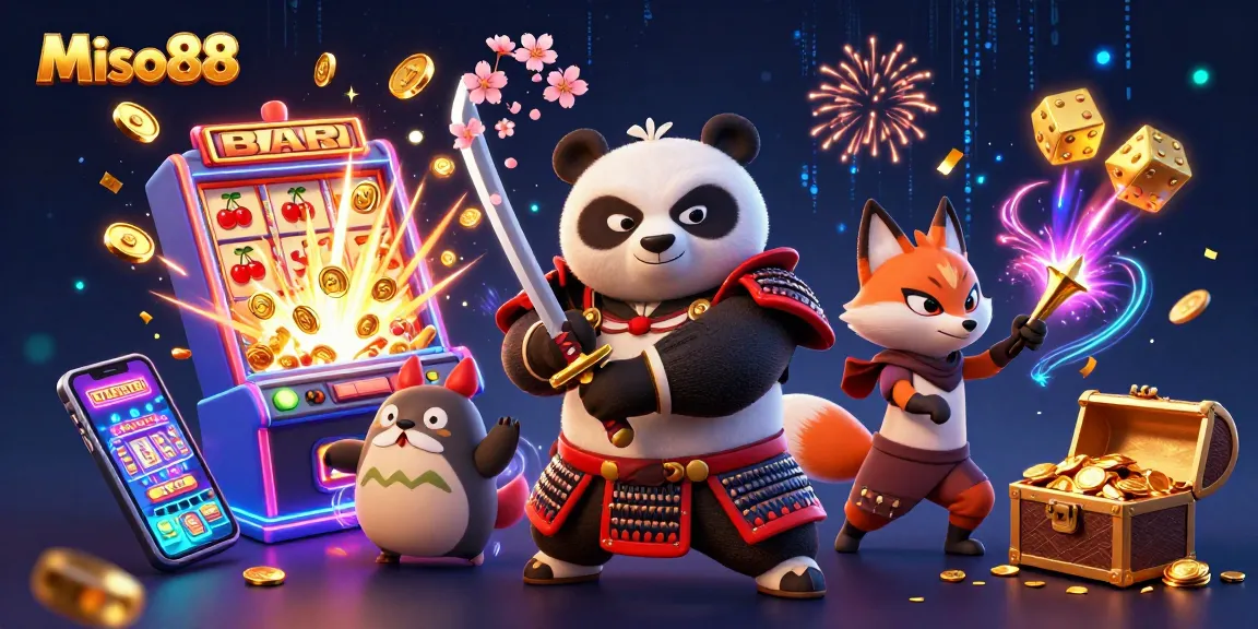 Miso88 brings excitement as a fierce panda samurai and fox ninja unveil jackpots in a dynamic casino scene.