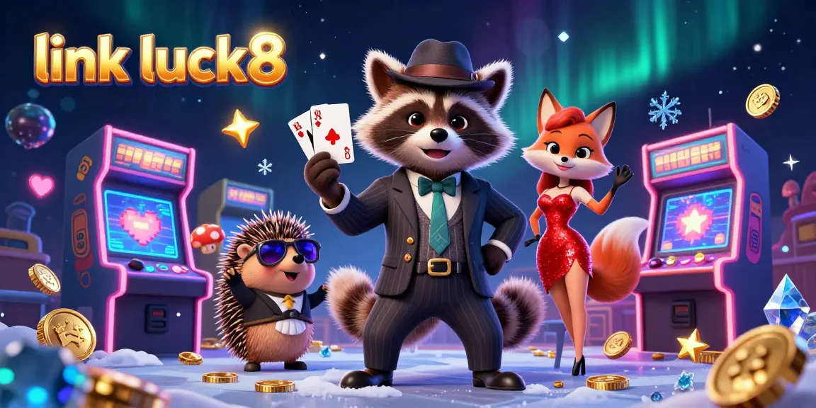 Engage with link luck8 in a vibrant casino scene featuring a suave raccoon, glamorous fox, and hedgehog bouncer.