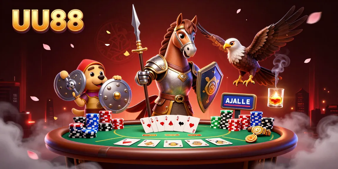 Engage with exciting UU88 gaming moments featuring knights, poker chips, and a lively casino atmosphere.