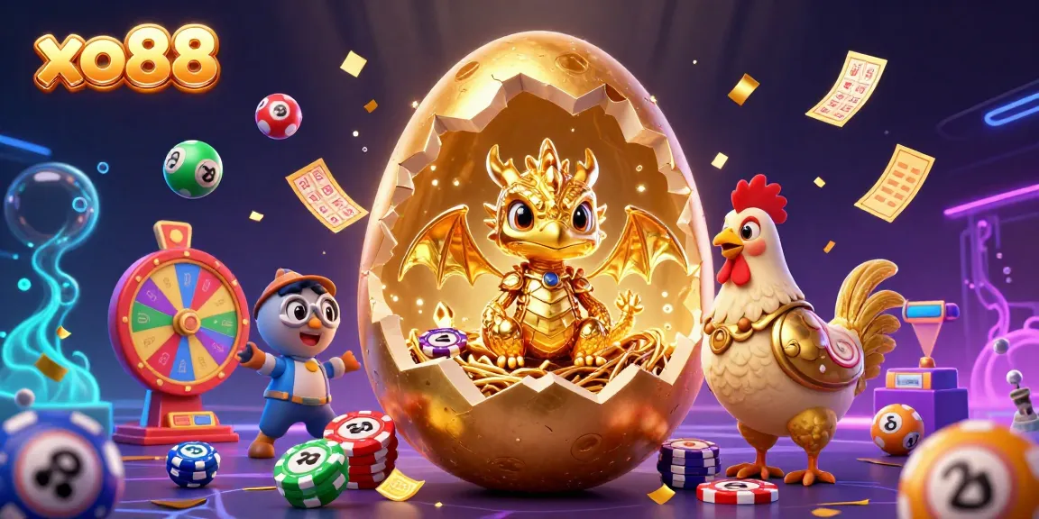 Engage with the thrilling xo88 gaming experience, featuring a golden dragon amidst spinning prize wheels and bouncing lottery balls.