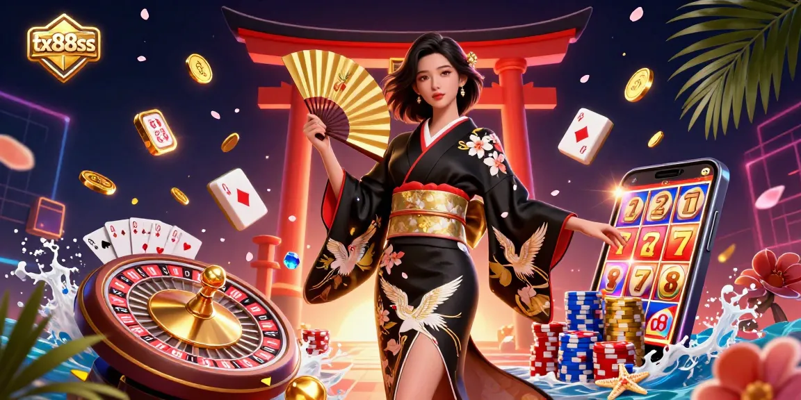 Experience the vibrant world of gambling at tx88ss with a photorealistic illustration featuring casino elements and an elegant character.