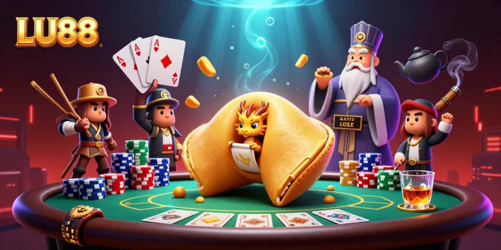 LU88 players enjoy a vibrant poker scene with a golden fortune cookie and dragon, celebrating wins and strategies.