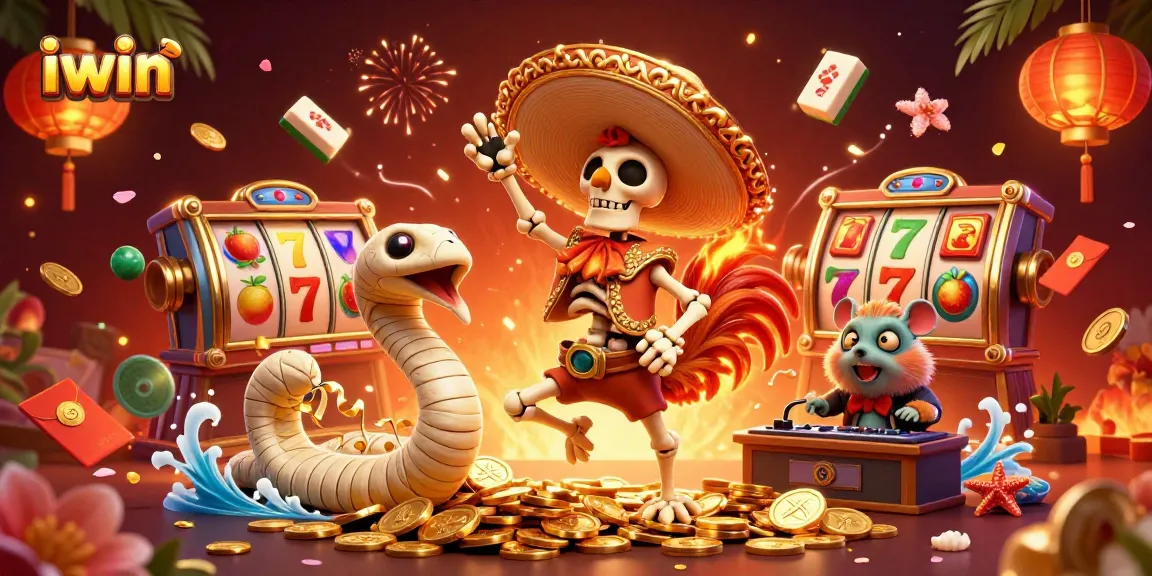 Spin to win with iwin, featuring a mariachi rooster, mummy snake, and DJ hamster in a vibrant casino scene.