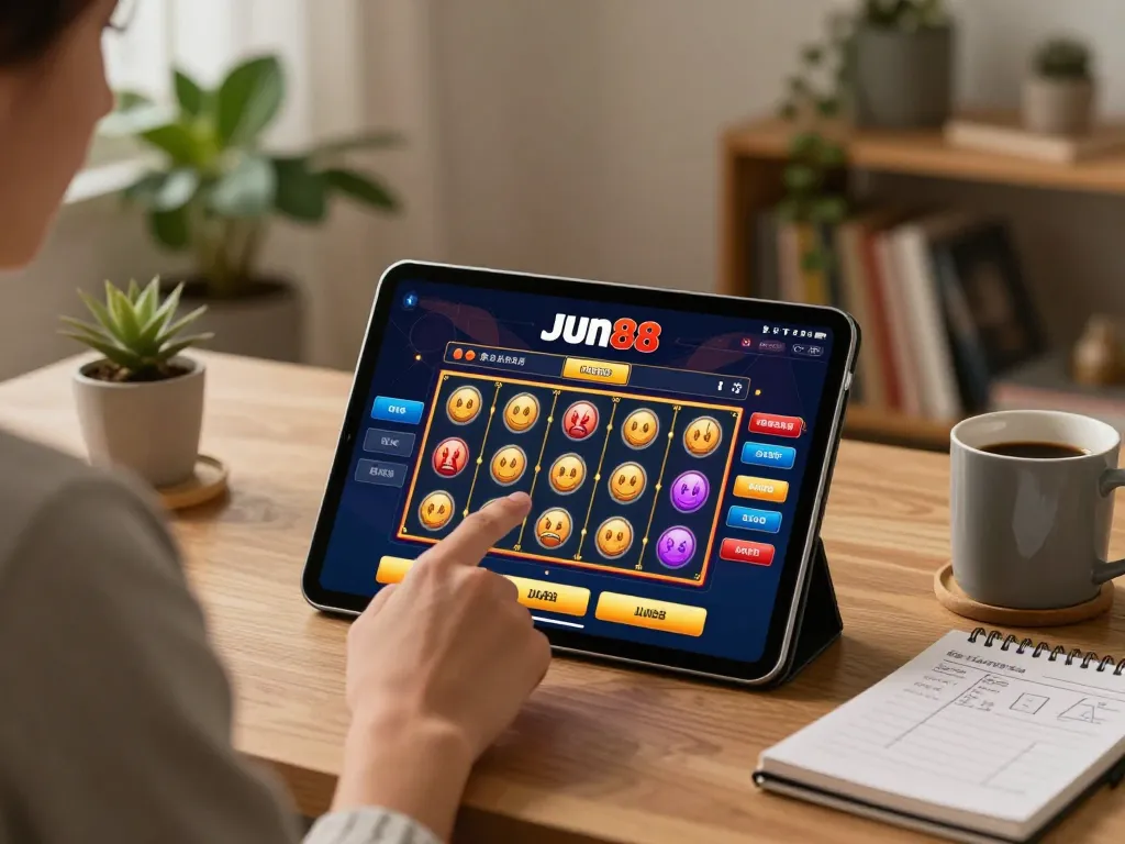 Engaging gameplay on Jun88 casino app, person using tablet in cozy home setting.