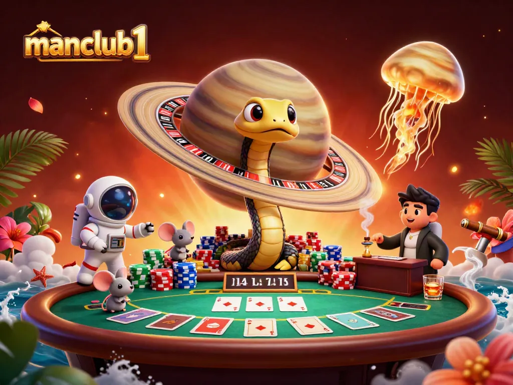 Experience thrilling bets at manclub1 with astronaut mice wagering around a roulette snake in a cosmic casino.