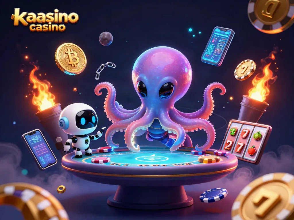 Engage with kaasino casino featuring a vibrant 3D scene of an alien octopus at a holographic poker table.