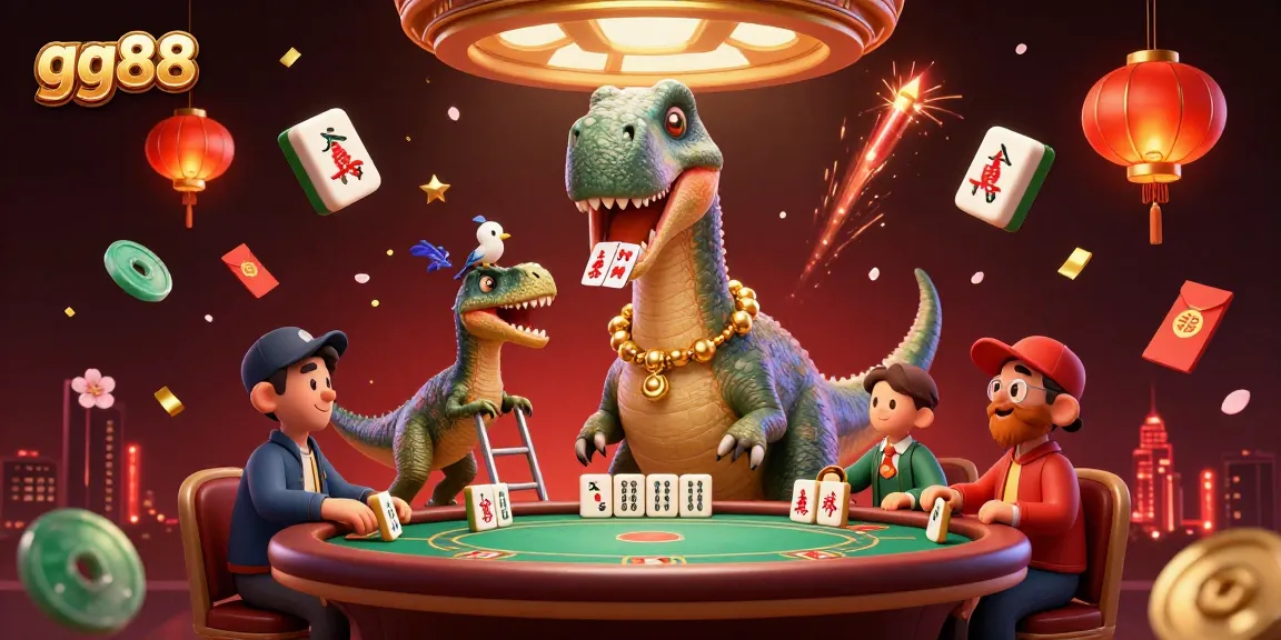 Engage with the thrilling gg88 experience featuring a giant brontosaurus and raptor in a lively casino scene.